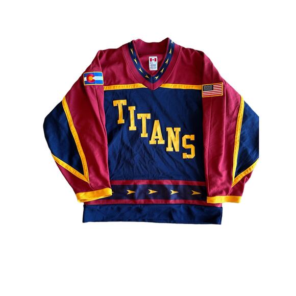 Titans #4 CCM Made in Canada Small Hockey Jersey Blue Red Yellow - Picture 1 of 8
